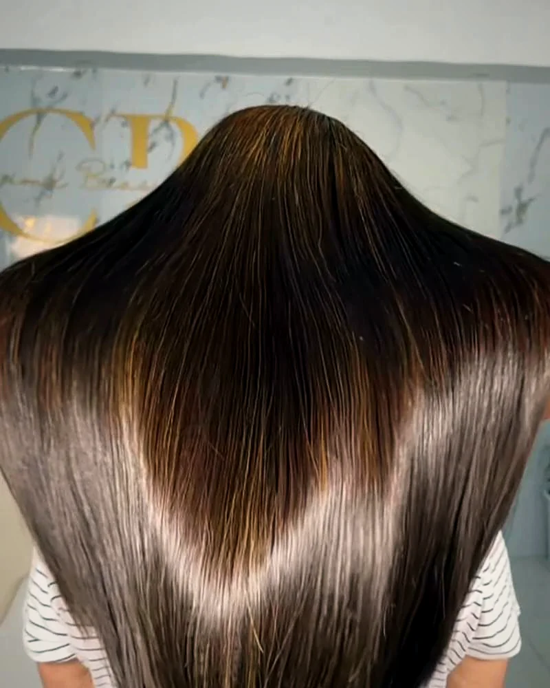 Cabelo castanho tratado e brilhante no salão